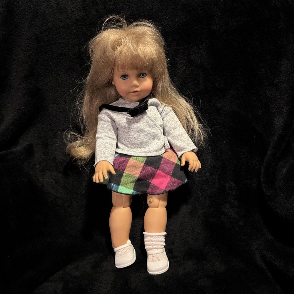 Vintage 80s Engel Puppe Doll Blonde Hair Plaid Skirt Shoes Jointed 17"